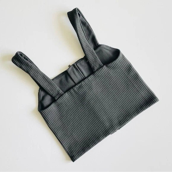 Sujetador deportivo Aerie Offline MEDIANO gris acanalado cremallera frontal top Foto 2 de 3