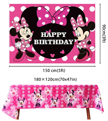 2 Pack Girl's Birthday Party Backdrop & Table Cover - Cartoon Mouse Theme Minni