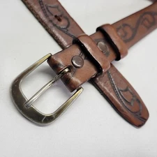 Tex Tan Harness Leather Belt 34 Tooled Western Brass Buckle Brown 3702M