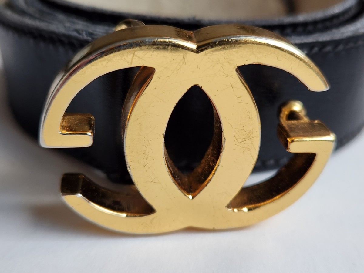 Gucci Vintage Gold-Tone Double G Logo Black Leather Belt-Sz