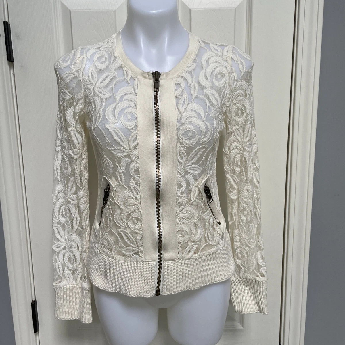 Free People Sheer Floral Lace Bomber Zip Sweater Jacket Women s