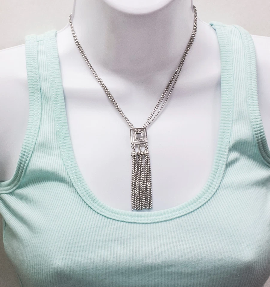 Nuevo collar cuadrado colgante cadena bola 3 hilos plata esterlina 925 real 16" de largo