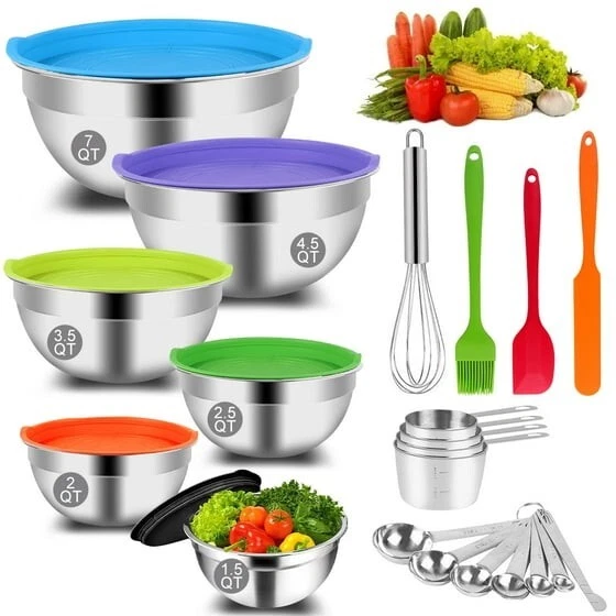 23pc Mixing Bowls Set w/Lids, Measuring Cups & Spoons, Non-Slip Mat