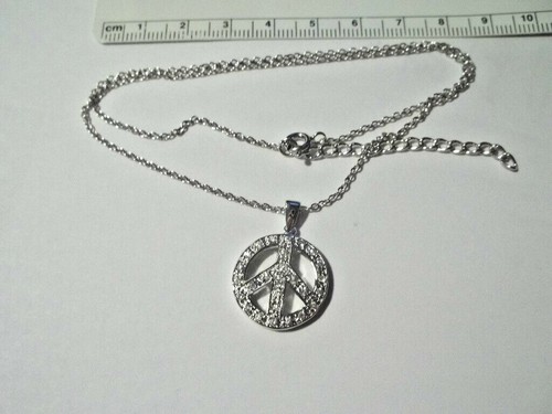 16-18 Zoll verstellbar Sterlingsilber Peace Zeichen mit Kristallen Charm 1 mm Kabel Kette - Bild 3 von 3