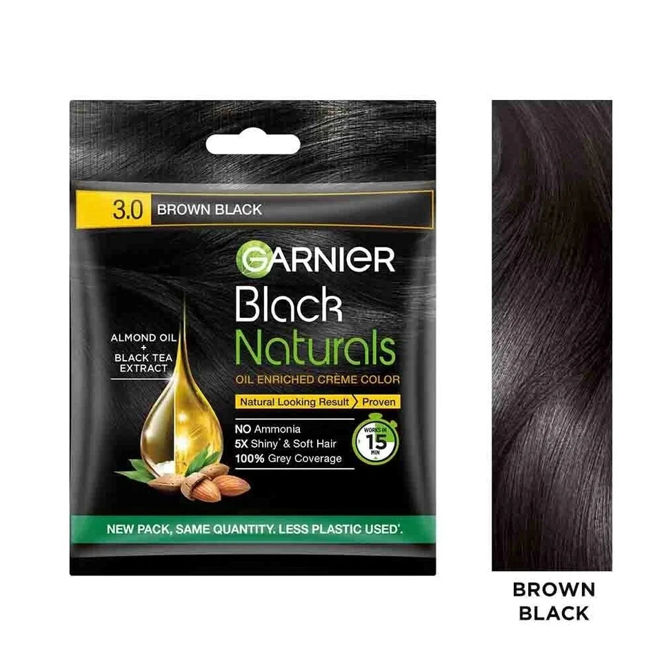 8X Garnier Black Naturals Crema Enriquecida con Aceite Color de Cabello Marrón Negro, 20ml+20g Foto 3 de 4