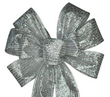 Large 10" Hand Made Glitter Silver Wired Bow - Christmas Winter Wreath Metallic