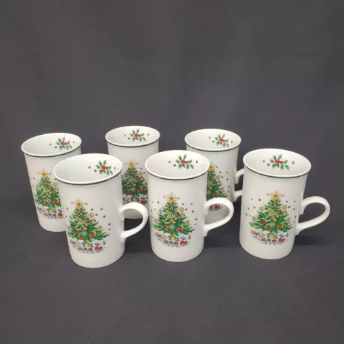 VTG Set Of 6 Salem Christmas Eve Porcelain Fine China Tall Mugs Tree READ 