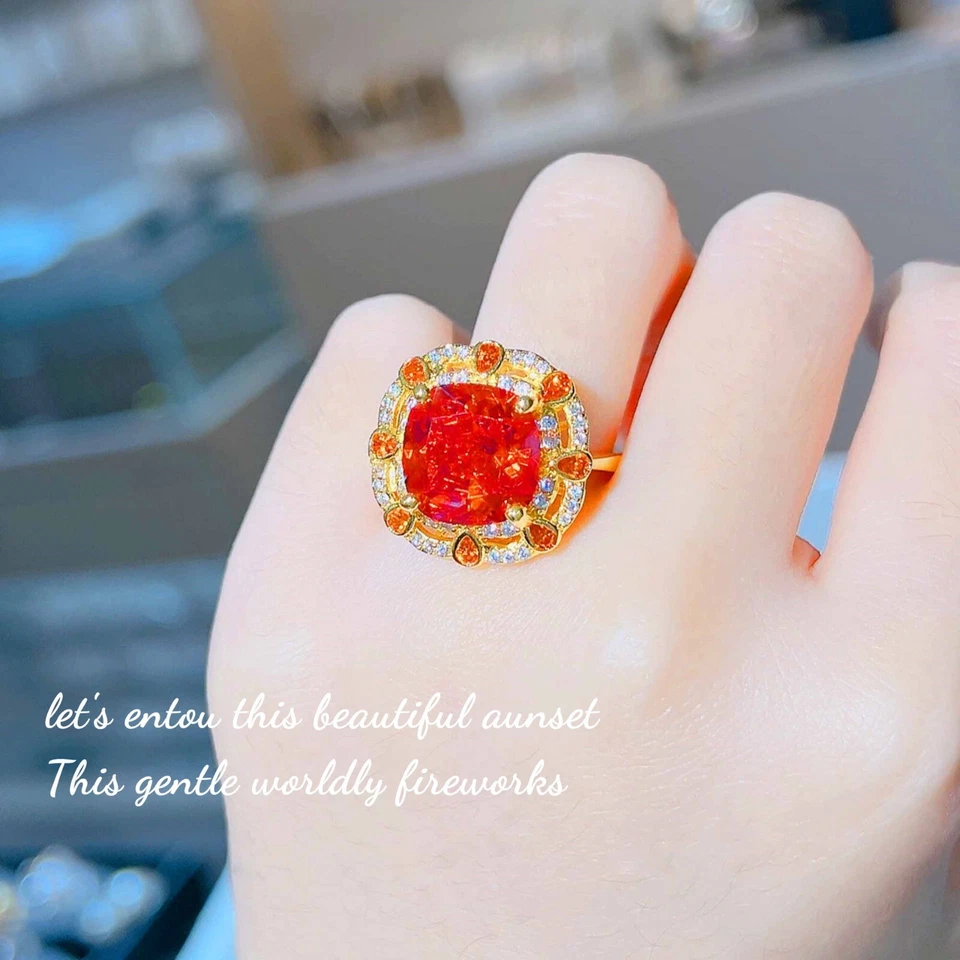 2pc Jewelry Set Fire Red Garnet Gemstone Charm Women Gold Necklace Pendant Ring - Image 4 of 4