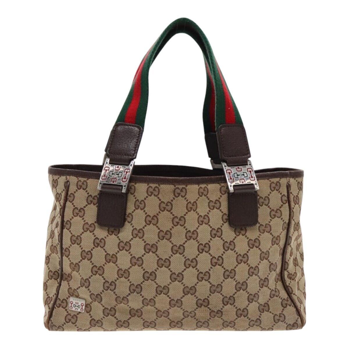 GUCCI Web Sherry Line GG Canvas Hand Bag Beige Silver Red GUCCI Web Sherry Line GG Canvas Hand Bag Beige Silver Red