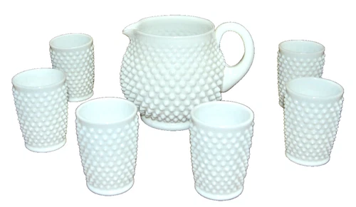 Fenton 1950's Hobnail White Milk Glass Ball Pitcher & 6 Glasses  Vintage  T2184