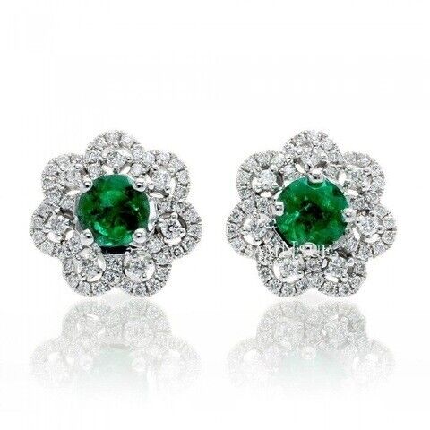 Round Emerald Simulated Diamond Halo Floral Stud Earrings 14k White Gold Silver - Picture 1 of 3