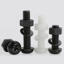Black Nylon Pozi Pan Head Screw Bolt + Hex Nuts, Flat Washers M2,M2.5,M3,M4-M8