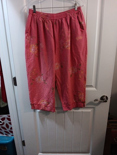 ELCC Womens Pants Vintage Linen Blend Capri Coral Floral Print Size XL