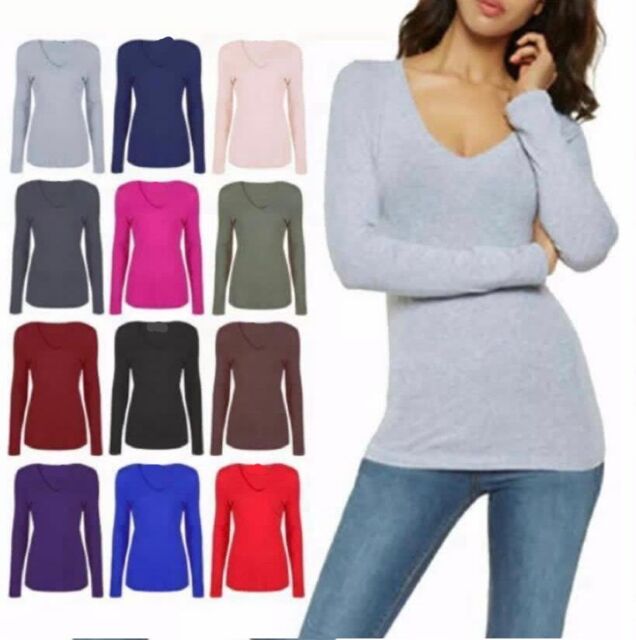 Womens V Neck Long Sleeve Plain Slim Fit Basic Top Stretchy T-Shirt Size (8-26)