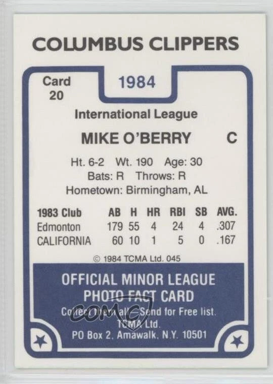 1984 TCMA Minor League Mike O'Berry #045 - Image 2 of 2