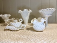 Vintage Milk Glass Lot - Fenton Hobnail  Ruffled Bowls, Vases  Compotes