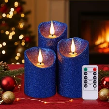 Set of 3 Chrismas Glitter Flameless Candles, 4" 5" 6" Blue Battery Operated P...