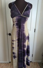 Purple & Tan Boho Tie Dye Maxi Dress Wide Strap V-neck Empire Waist Sz S Y2K