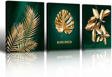 JiazuGo Emerald Green Gold Canvas Wall Art 3-Piece Set, Tropical Botanical Pr...
