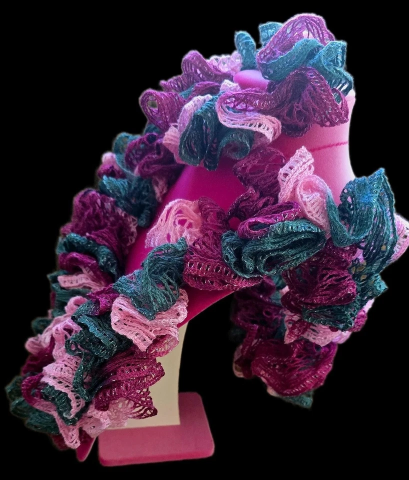 Juego de bufanda/scrunchie con volantes hecho a mano, multicolor, más largo, granate/gris/rosa Foto 4 de 4
