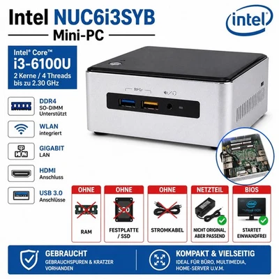 🔥 Intel NUC6i3SYB Mini-PC |Intel Core i3-6100U |Netzteil |OHNE RAM #G77 - Bild 1 von 4