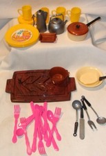 VINTAGE ASSORTED CHILD'S TOY DISHES - FLATWARE, DINNER SET, POTS  PANS