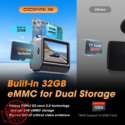 DDPAI Z60 4K Dash Cam Front Rear 32GB GPS 5G WiFi 3'' IPS