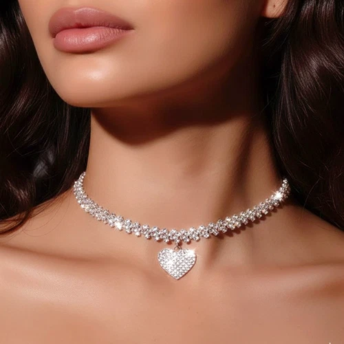 Silver Choker Necklace Heart Charm Crystal Rhinestone Diamante Shine Sparkle