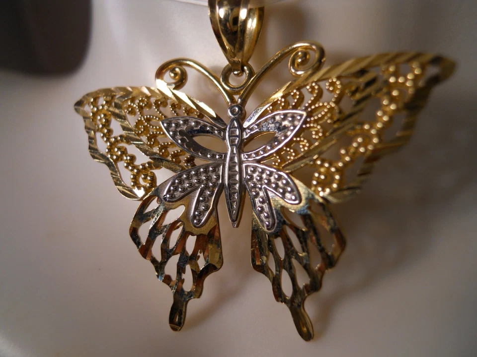 COLLAR COLGANTE FILIGRANA MARIPOSA CORTE DIAMANTE ORO AMARILLO 14K 33MM Foto 3 de 4