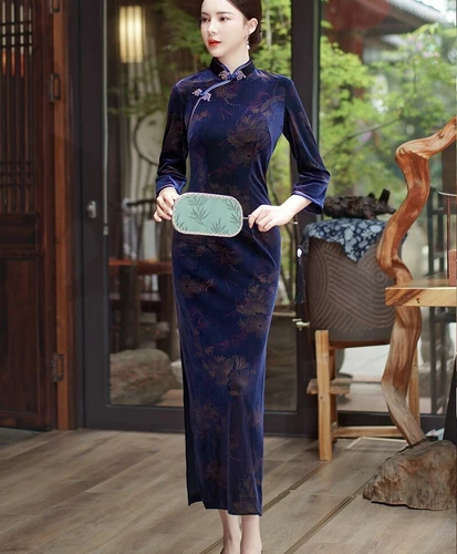 Mujeres Otoño Invierno Terciopelo Qipao Vestido Chino Largo Cheongsam Noche Fiesta Vestido - Imagen 9 de 17