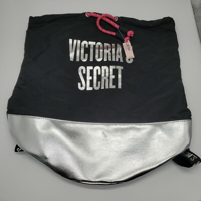 NWT Victoria\'s Secret Black Backpack with Silver Base and Pink Cord Victoria main image 2