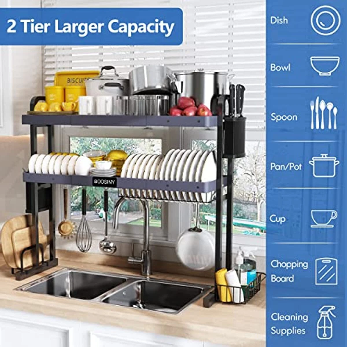 Over The Sink Dish Drying Rack 2 Tier Stainless Steel W/ Utensil Holder&6  Hooks