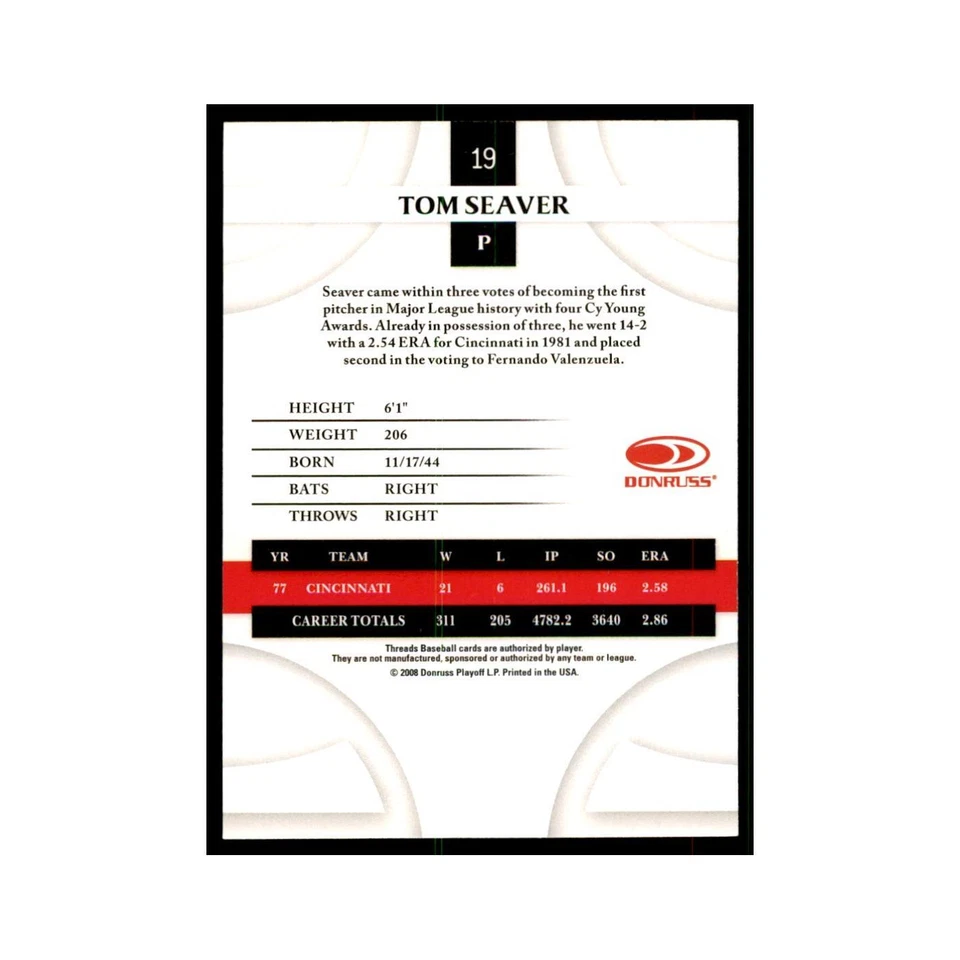 2008 Donruss Threads Tom Seaver Reds #19 - Image 2 of 3