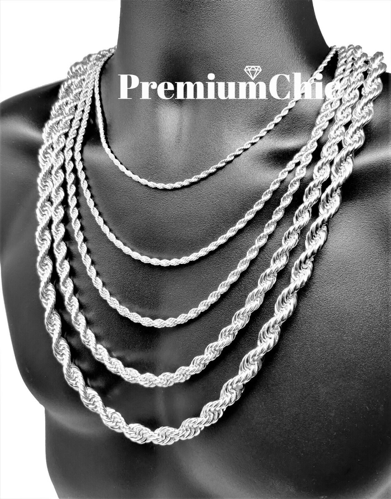 Rope Chain Necklace 3mm to 10mm 16" to 30" Stainless Steel Mens Hip Hop
