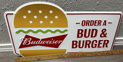 23.5'' Budweiser Tin Sign  Order A Bud & Burger Garage Mancave Anheuser Busch HTF