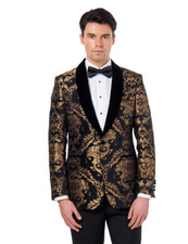 Mens Gold Brocade Paisley Print on Crimson Black Jacquard Jacket Tailored Fit