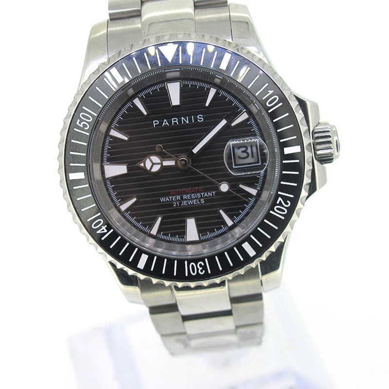 Reloj automático para hombre 41 mm Parnis cristal zafiro Japón esfera negra bisel giratorio Foto 3 de 4