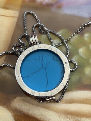 Signed Sterlina Milano Necklace Silver Tone Faux Turquoise Pendant Chain 24-26''