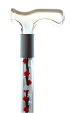 Designer walking cane with red and white roses changable interior lucite handle