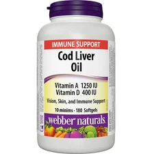 Webber Naturals Cod Liver Oil 1250 IU/100 IU Vitamin A and D Vision 180 pcs NEW