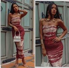 Zara Abstract Printed Strapless Mesh Retro Ruched Bodycon Dress Size M New 
