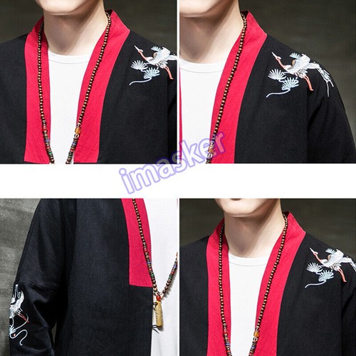 Chaqueta de hombro estilo chino para hombre grúa caída Top manga larga kimono abrigo ropa exterior - Imagen 15 de 26