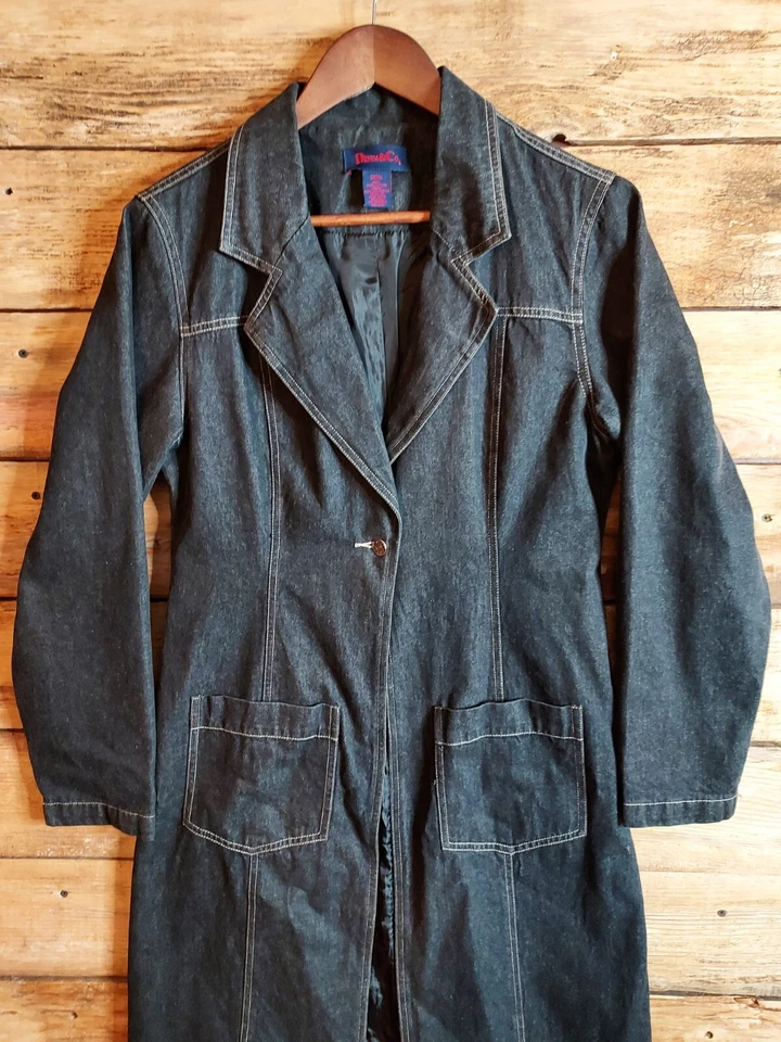 Denim & Co Vintage Black Jean Duster Ranch Coat Western Single Button Womens S - Image 4 of 4