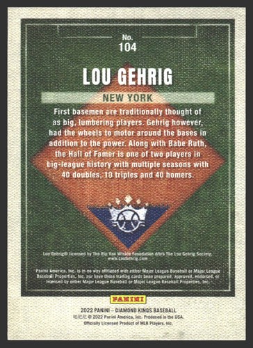 Lou Gehrig #104 2022 Panini Diamond Kings New York Yankees - Picture 2 of 2