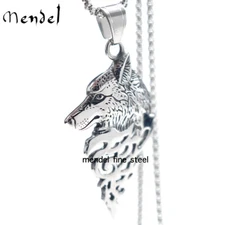 MENDEL Mens Stainless Steel Viking Fenrir Wolf Head Pendant Necklace Men Silver