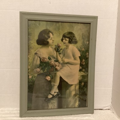 Antique Framed Painting Print Mother Daughter In A Rose Garden 16  x 11  x 3/4 .