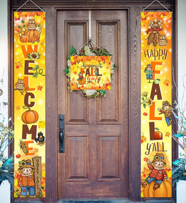 Fall Door Banner-Scarecrow Happy Fall Front Porch Sign Pumpkin Maple Leaves Than