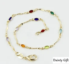 Lady 18K Gold Filled Oval Rainbow Crystal Bead Anklet Bracelet 9.2" Color Stay