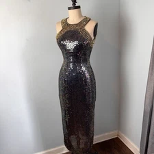 Vtg Oleg Cassini Black Tie Beaded Sequin Halter Sexy SILK Dress Party Regal 4p
