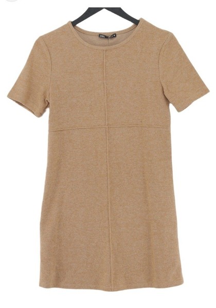 Zara Soft Knit Mini Dress with Seam Detail Size S Short Sleeve Camel Tan